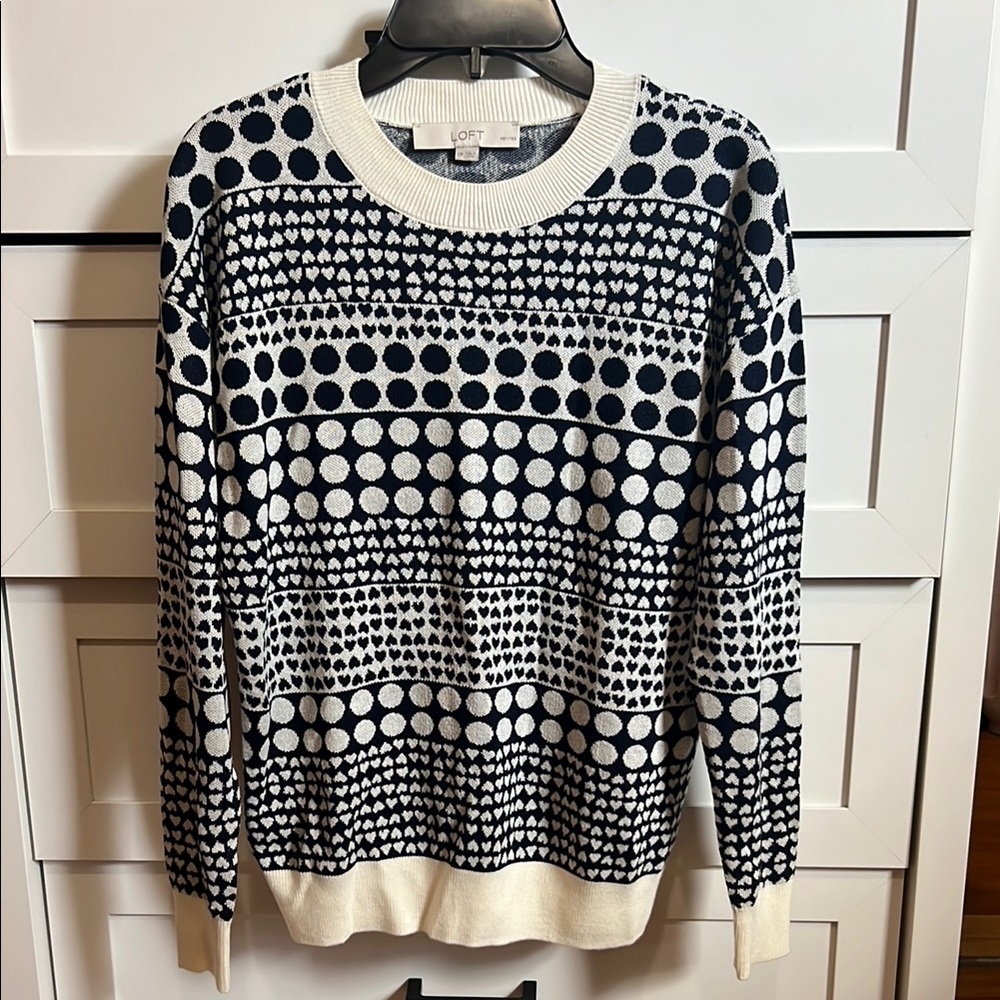 LOFT Black and White Geometric Crew Neck Sweater
